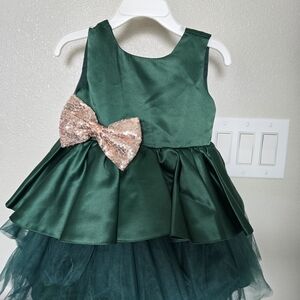 Size 12 Months Formal Green Dress with Rose Gold Sequin Bow